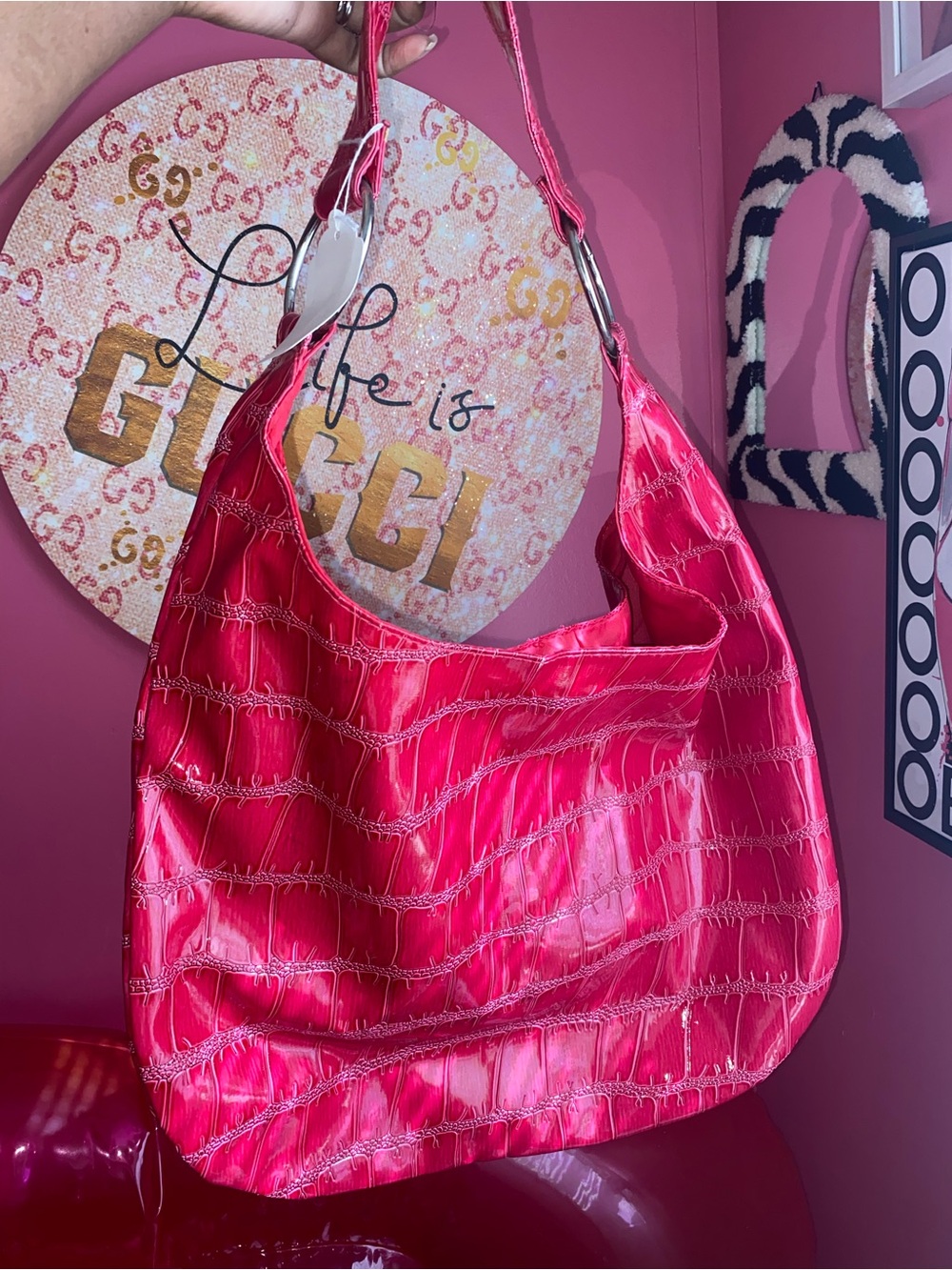Fashion Nova Hot Pink Croc-Texture Shoulder Bag